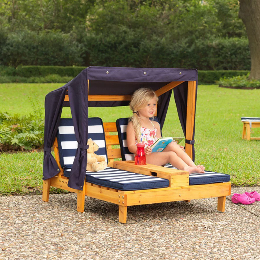 Kidkraft® Doppelte Kinder Sonnenliege mit Getränkehaltern, blauweiß