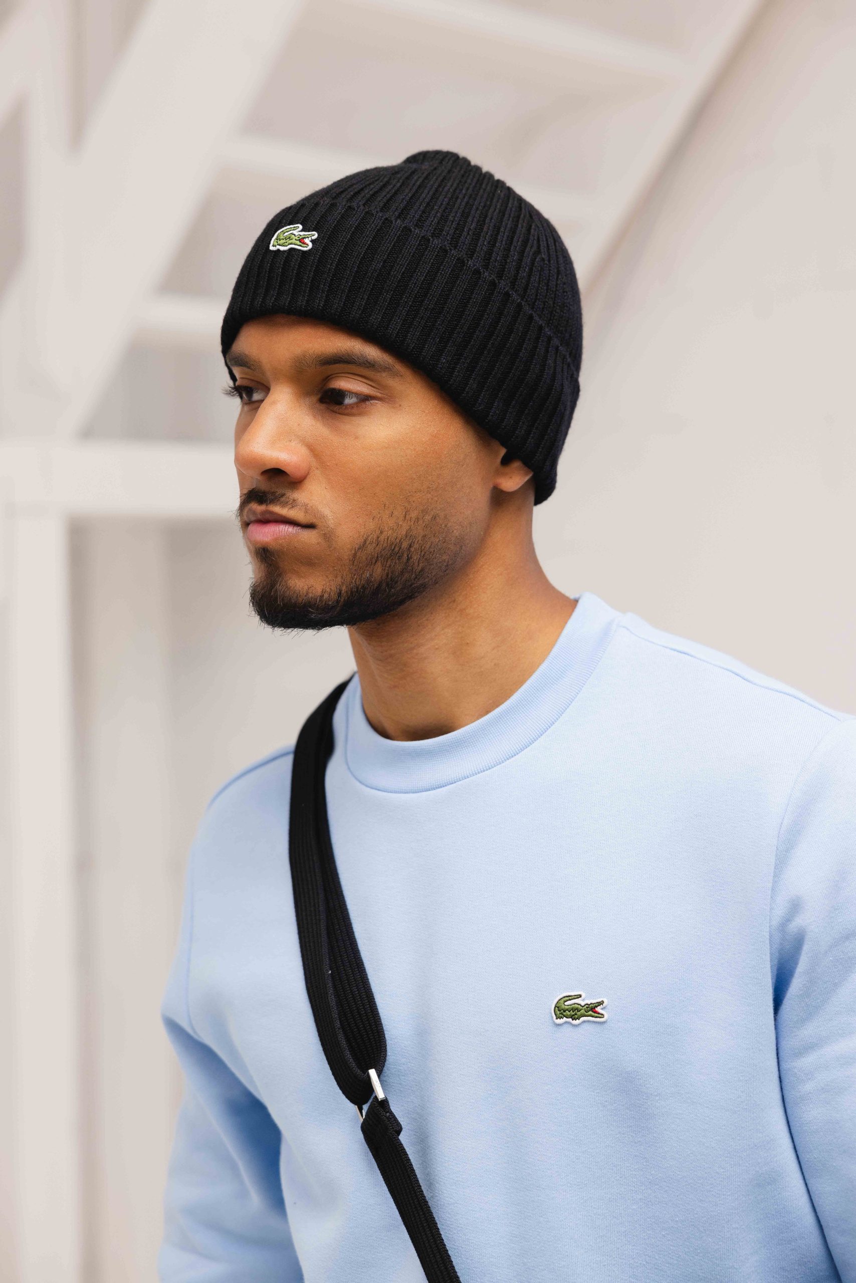 Lacoste Geribde Wol Muts Zwart