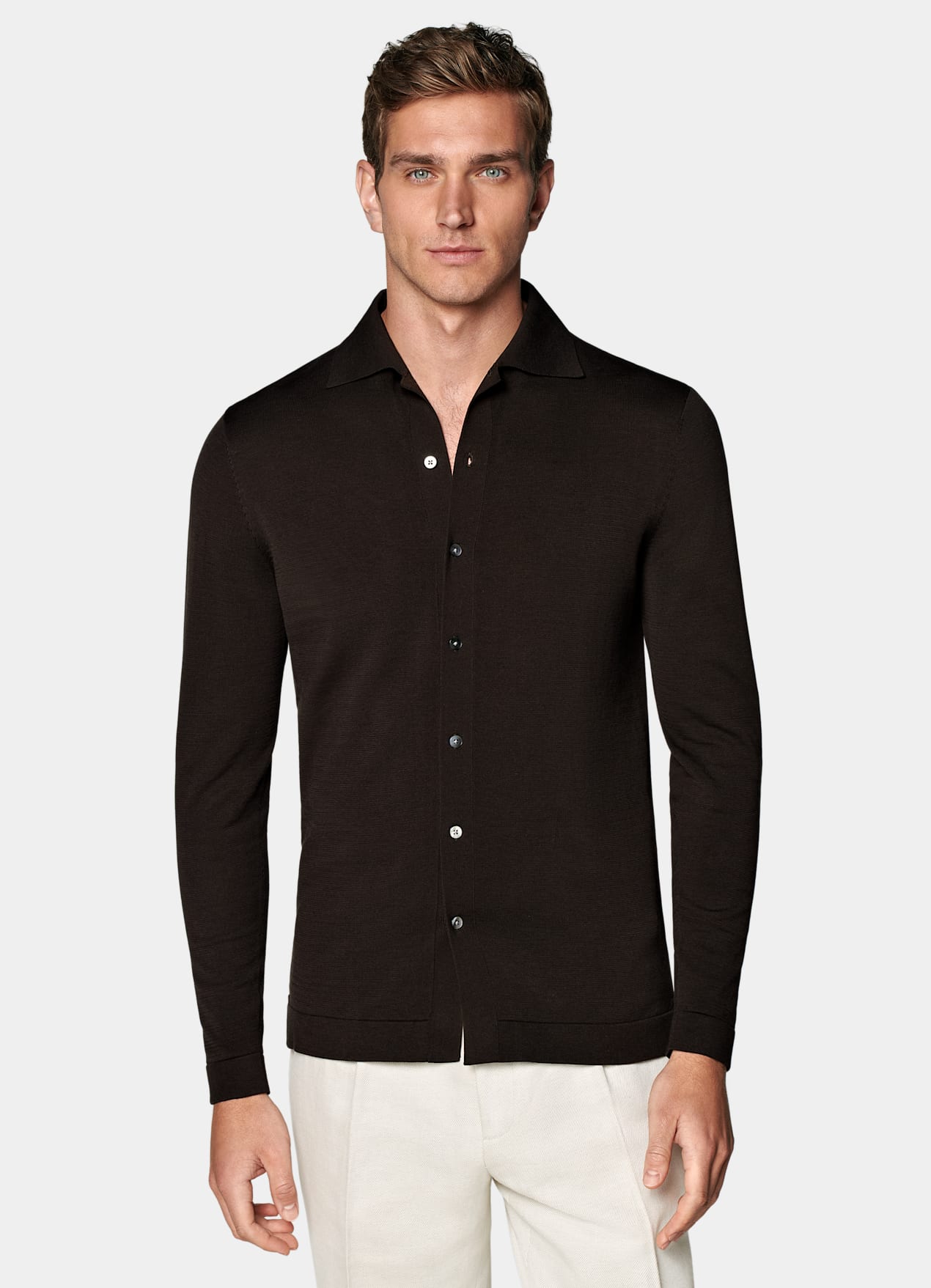 Cardigan col polo à manches longues marron foncé