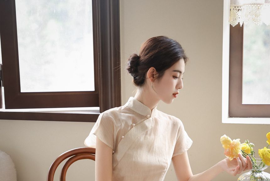 Fioridi - Set: Hanfu lange top met korte mouwen + spaghettibandjes effen midi A-lijn jurk