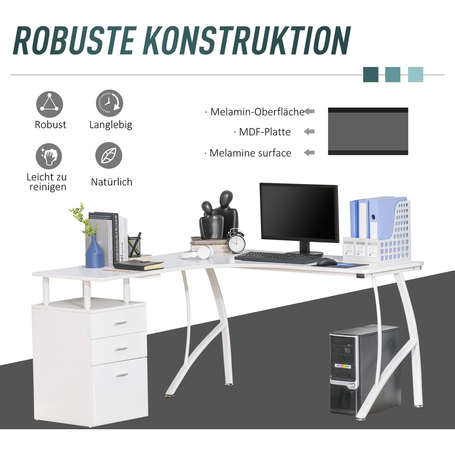 HOMCOM Schreibtisch in L-Form mit Schubladen weiß