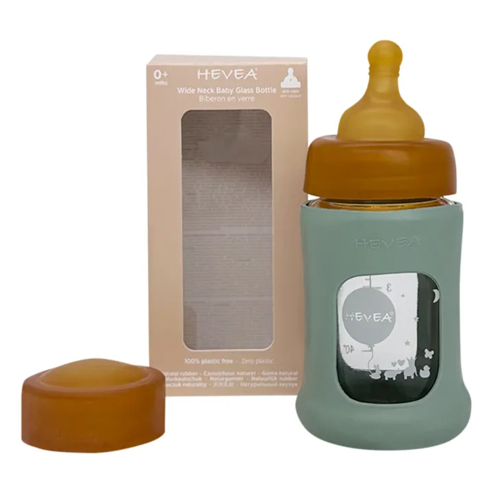 Hevea Biberon en verre à col large avec housse de protection Débit lent | Vert amande