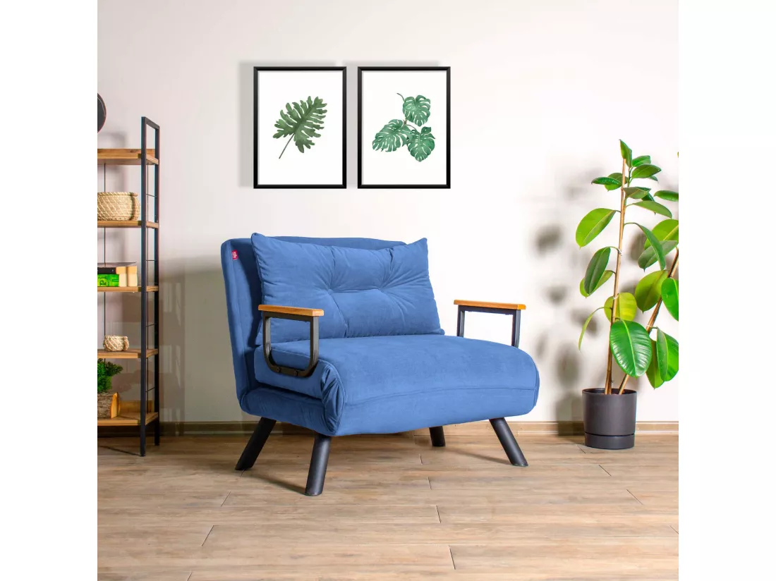 Fauteuil convertible Yolanda Métal Noir et Tissu Bleu