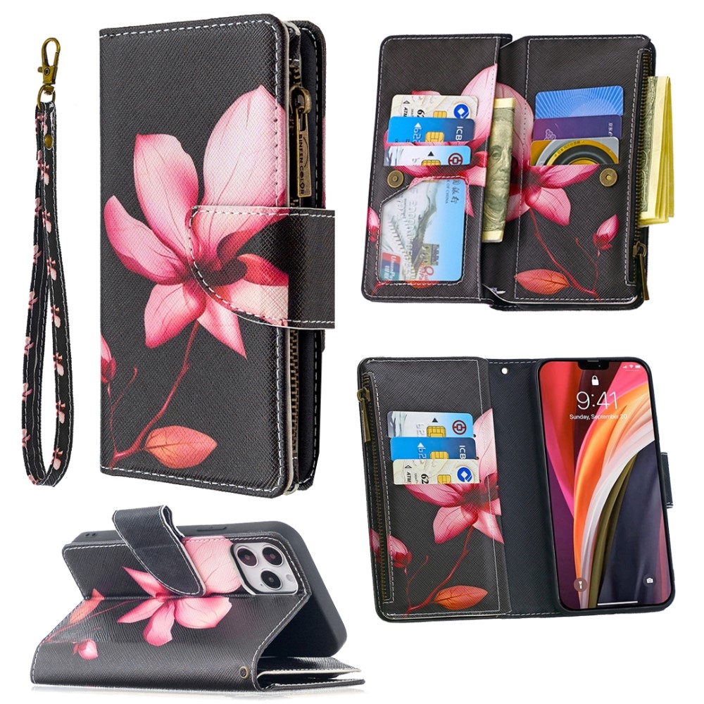 iPhone 12 / iPhone 12 Pro Leder Wallet Etui Tasche mit 9 Kartenfächern   Münzfach - Pinke Blume