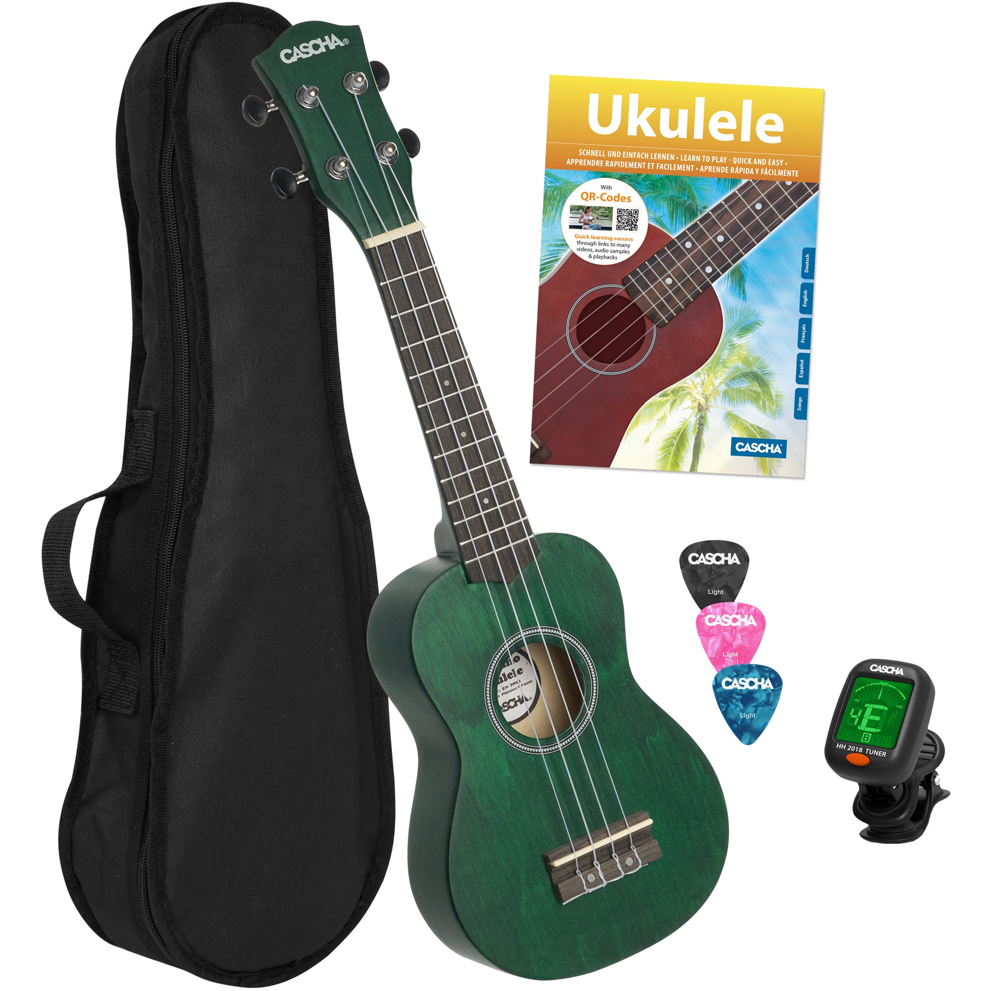 Cascha HH 3972 sopraan ukelele set groen (4-talig)