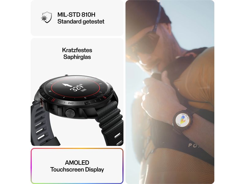 POLAR Sportuhr Grit X2 PRO Schwarz, M/L Sportuhr mit optischer Pulsmessung und Smartwatch-Navigation
