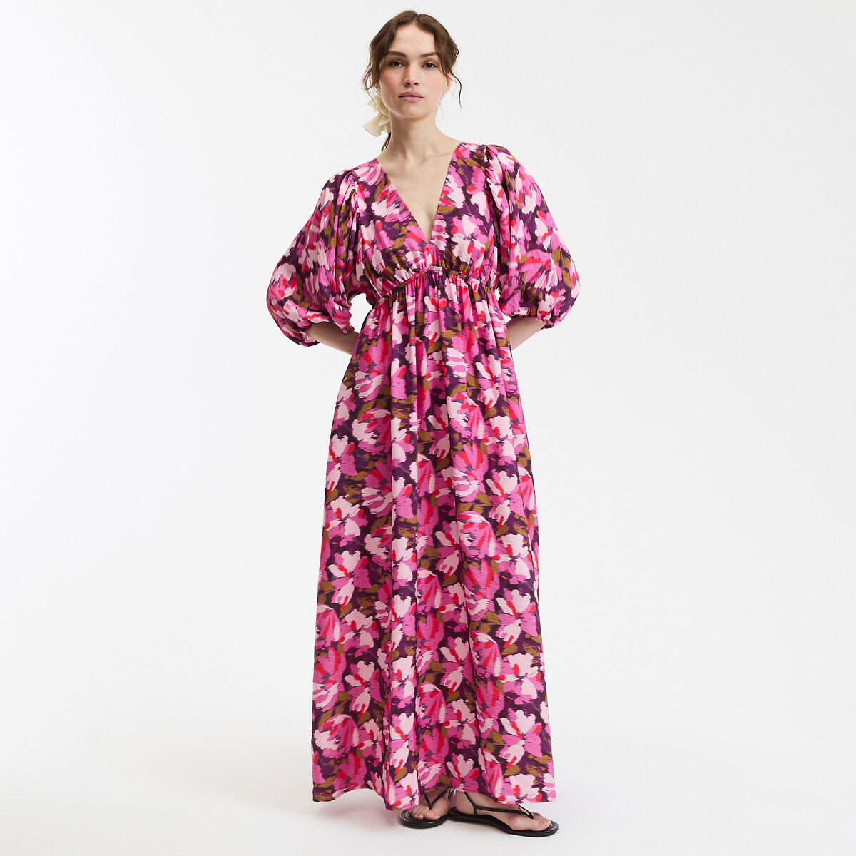 LA REDOUTE COLLECTIONS<br>Vestido maxi com decote em V, mangas bufantes e estampa floral