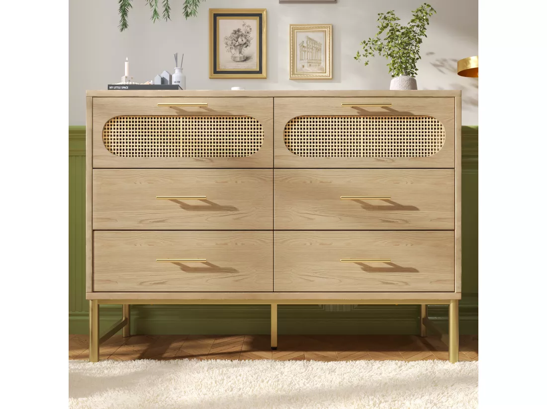 Commode en rotin avec 6 tiroirs, pour salon et chambre, poignées en métal, anti-basculement, 120 x 40 x 74 cm, chêne Sonoma