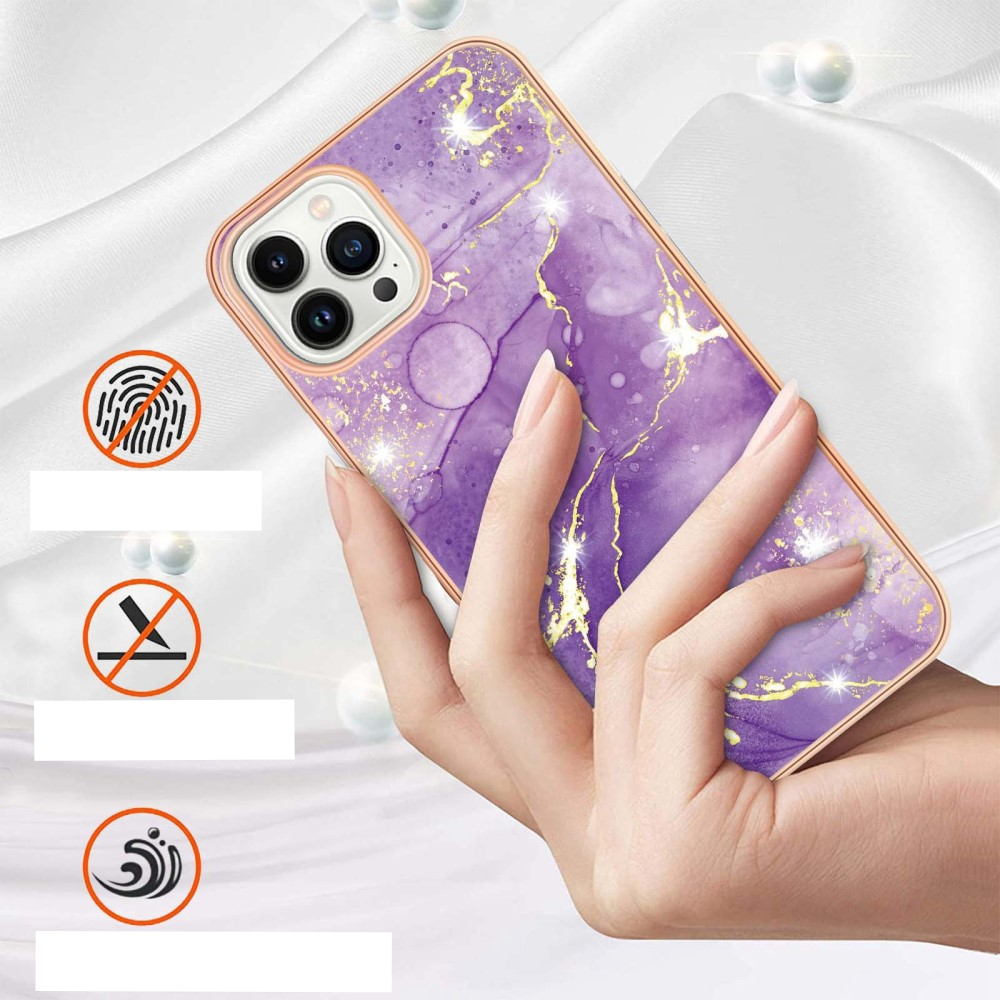 iPhone 14 Pro Gummi Case Hülle Galvanisierter Rahmen Marble Marmor Design - Violett / Roségold