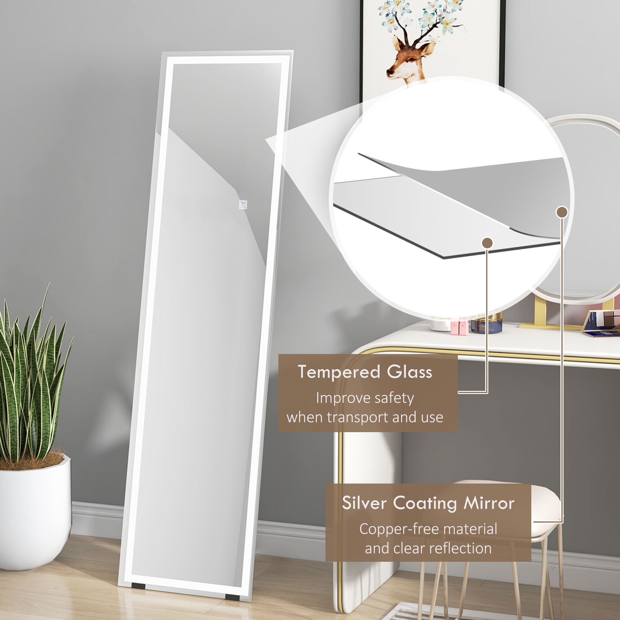 HOMCOM Ganzkörperspiegel mit Beleuchtung weiß 150L x 40B x 2,9H cm