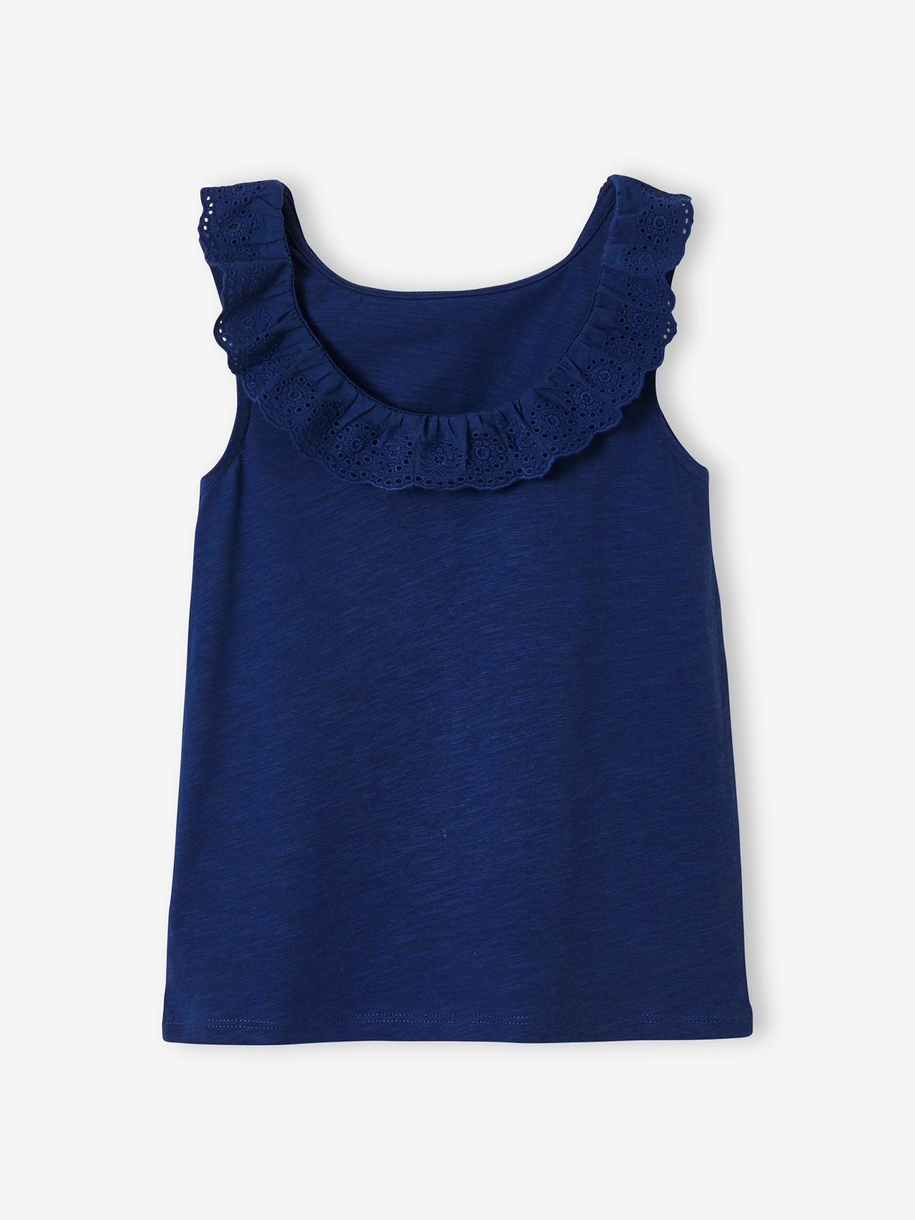 Camiseta sem mangas com gola de babados bordada em estilo inglês, para meninas, lisa, tamanho médio, branca.