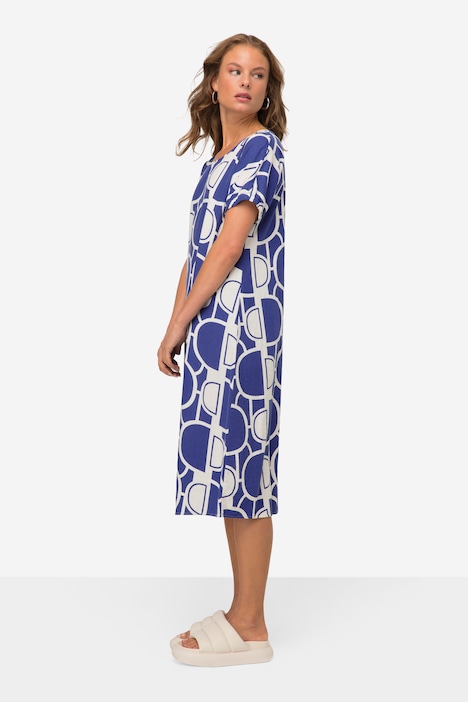 Leinenmix-Kleid, Wide Fit, elastischer Halbarm-Abschluss, Rundhals