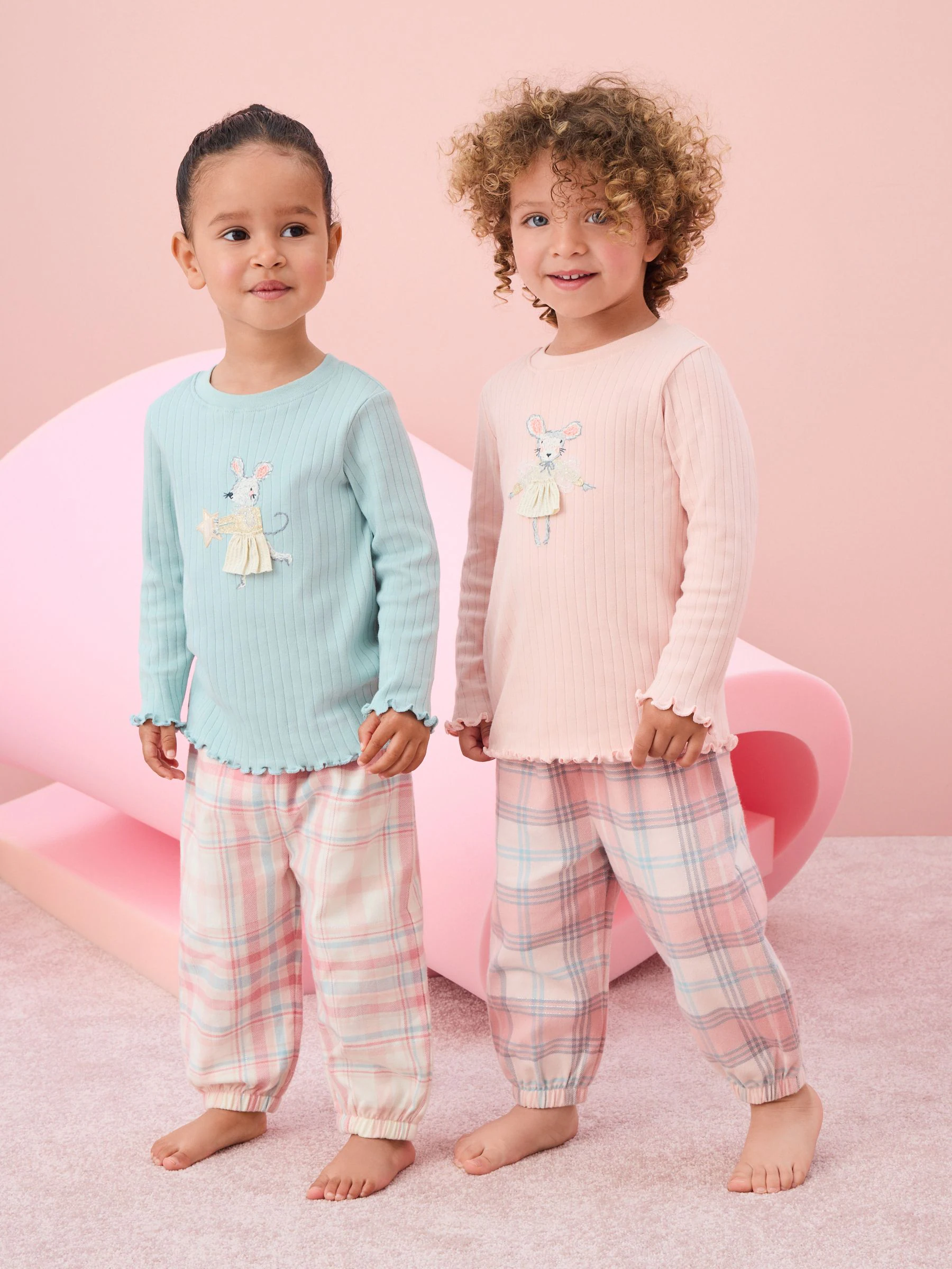 Roze/blauw met muis - Verpakking van 2 pyjama's met geweven broek (9 mnd - 10 jr)