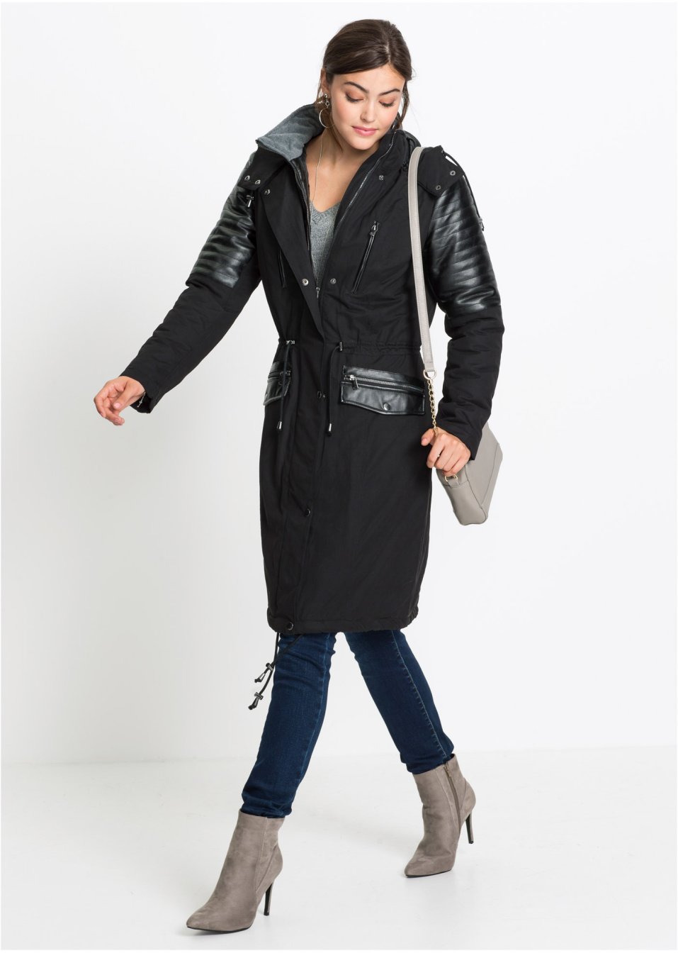 Parka longue à empiècement contrastant