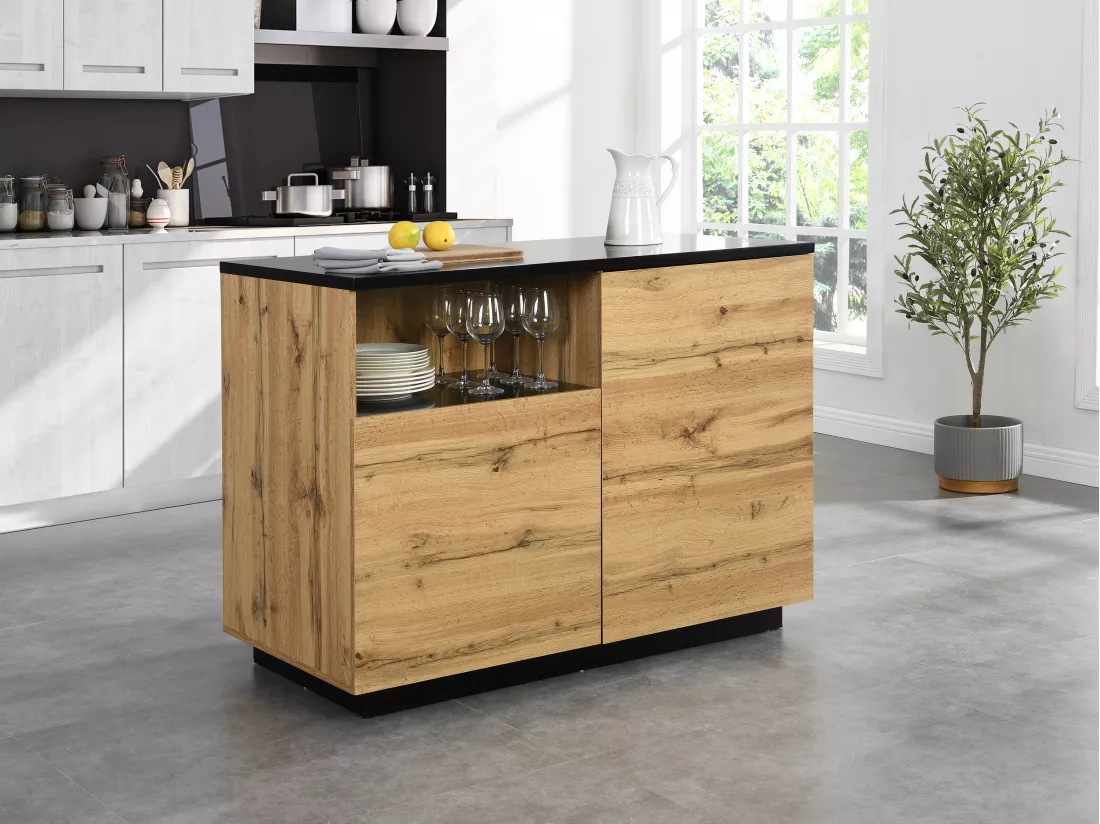 Ilot central de cuisine avec 2 portes et 1 niche en MDF - Naturel et noir - CORELINA