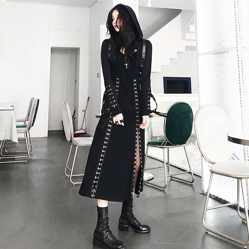 Warelmapo - Spaghettibandjes effen haak-en-oog split midi A-lijn jurk / Lange mouwen capuchon hoepel accent crop top / Set