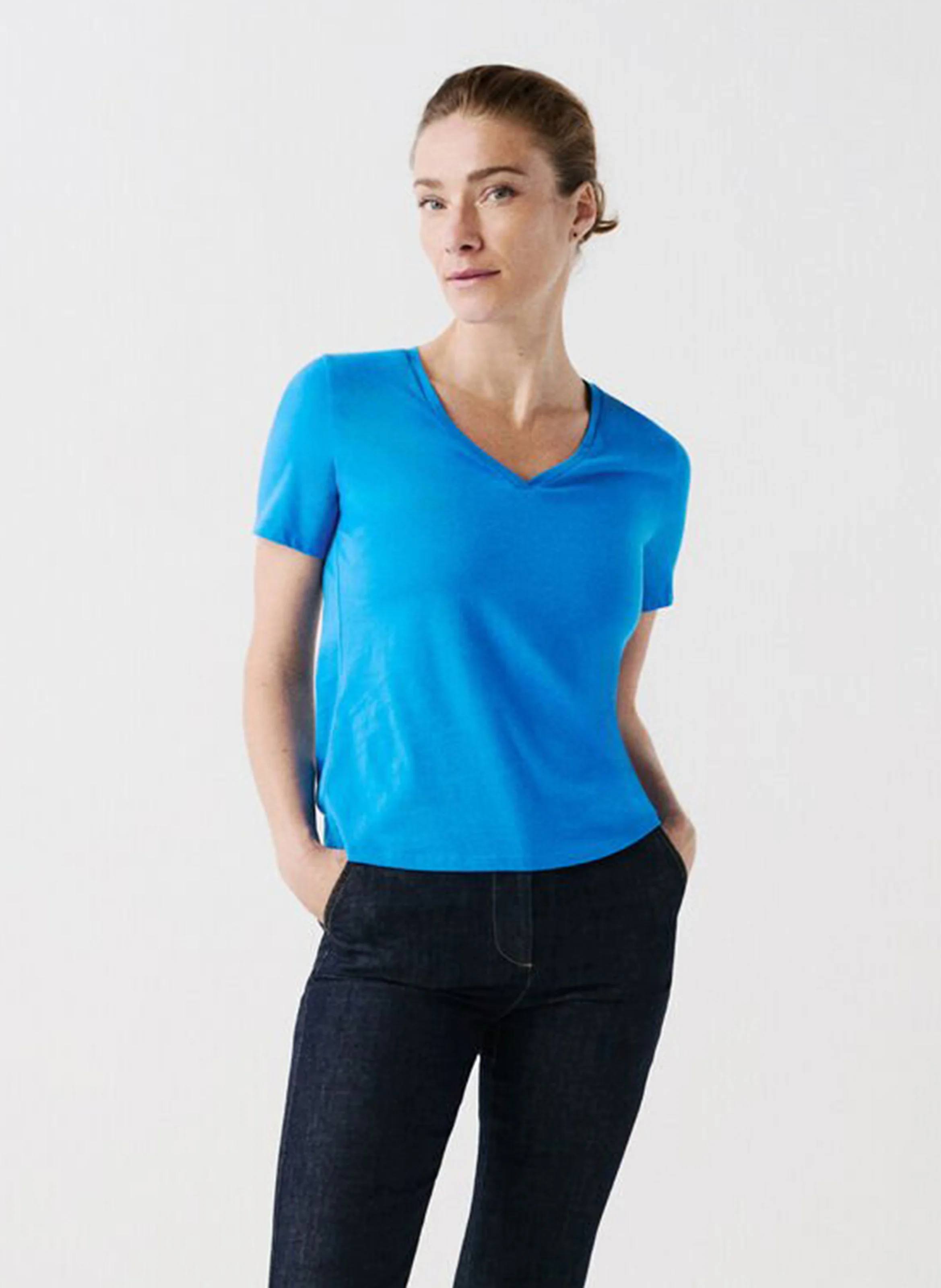 MANONB - Tee-shirt col V en coton| Bleu