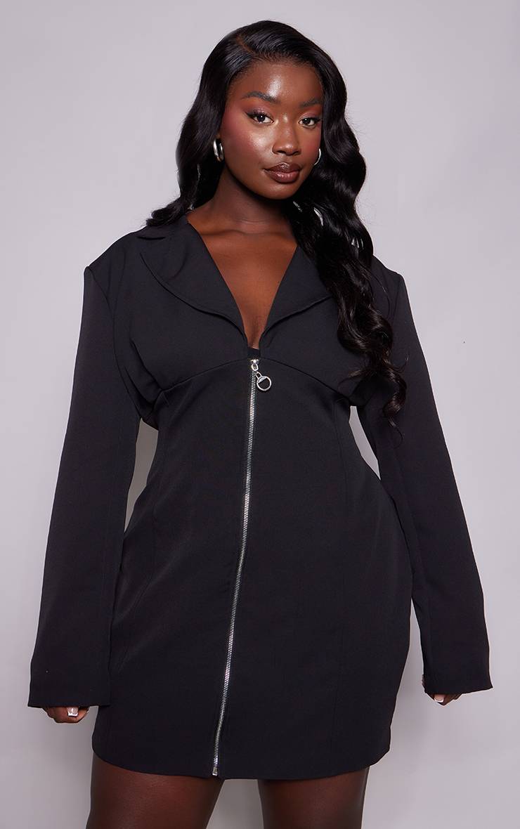 Noir Robe Blazer Tissée Grande Taille Avec Fermeture Zippée Et Détail Corset
