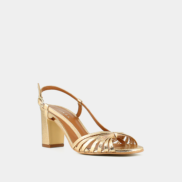 Sandales à bouts carrés et brides  en cuir craquelé or