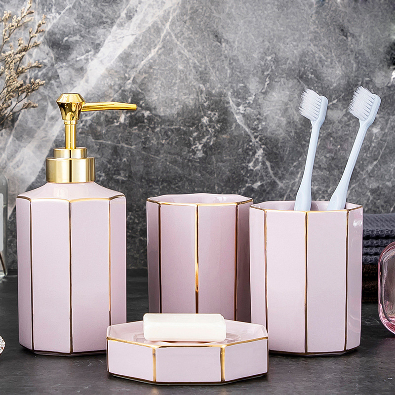 (4-tlg. Set) Keramik Badezimmer Accessoire Bad Essentials - Rosa / Gold