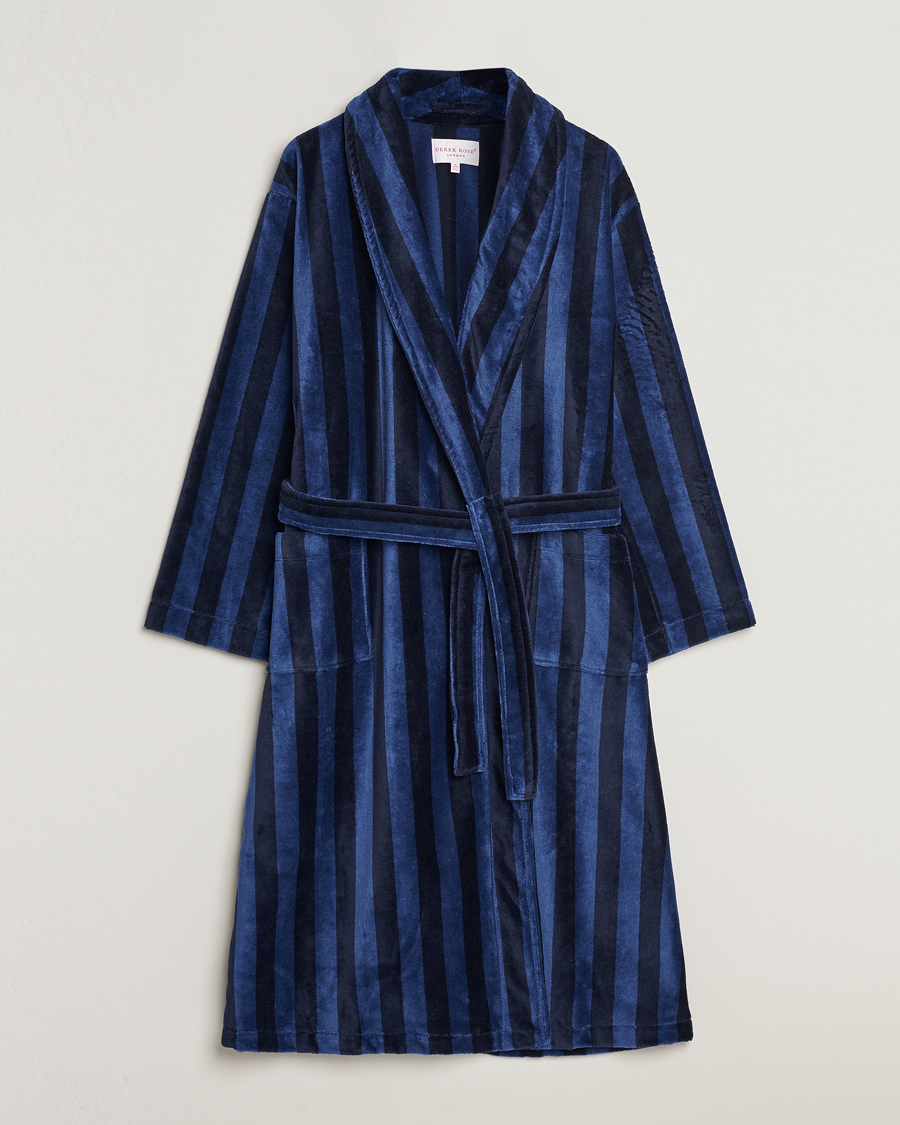 Derek Rose Striped Cotton Velour Gown Navy