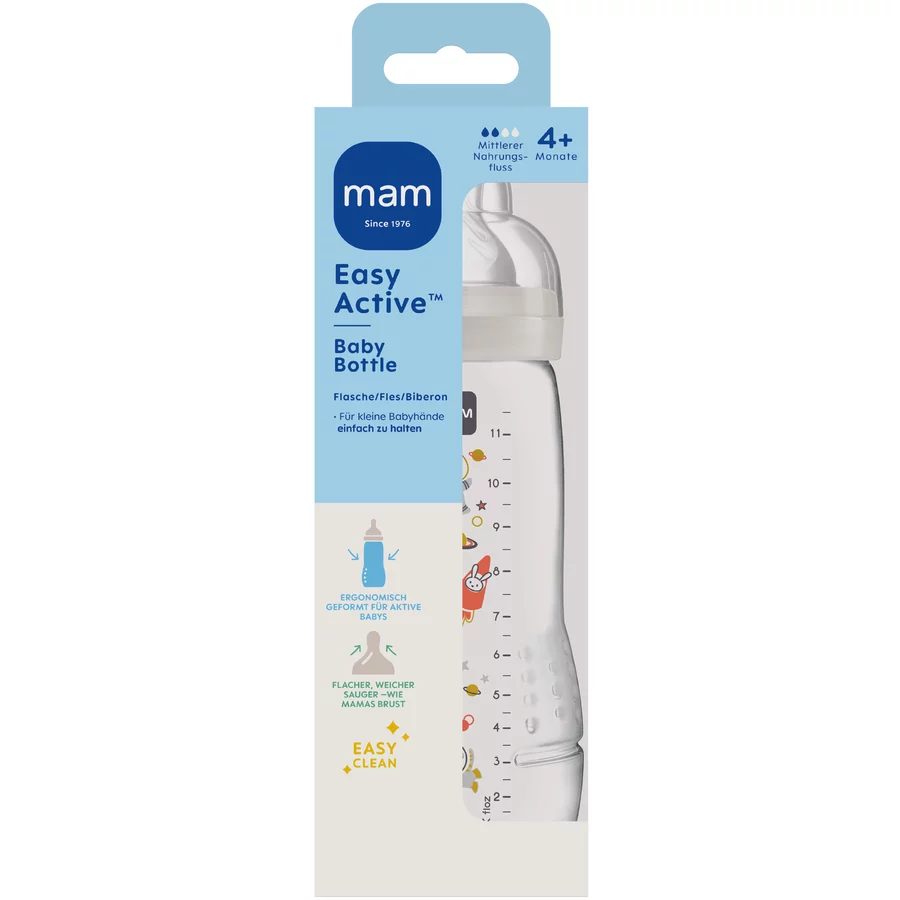 MAM Babyflasche Easy Active blau 330 ml ab 4+ Monaten, Weltall grau