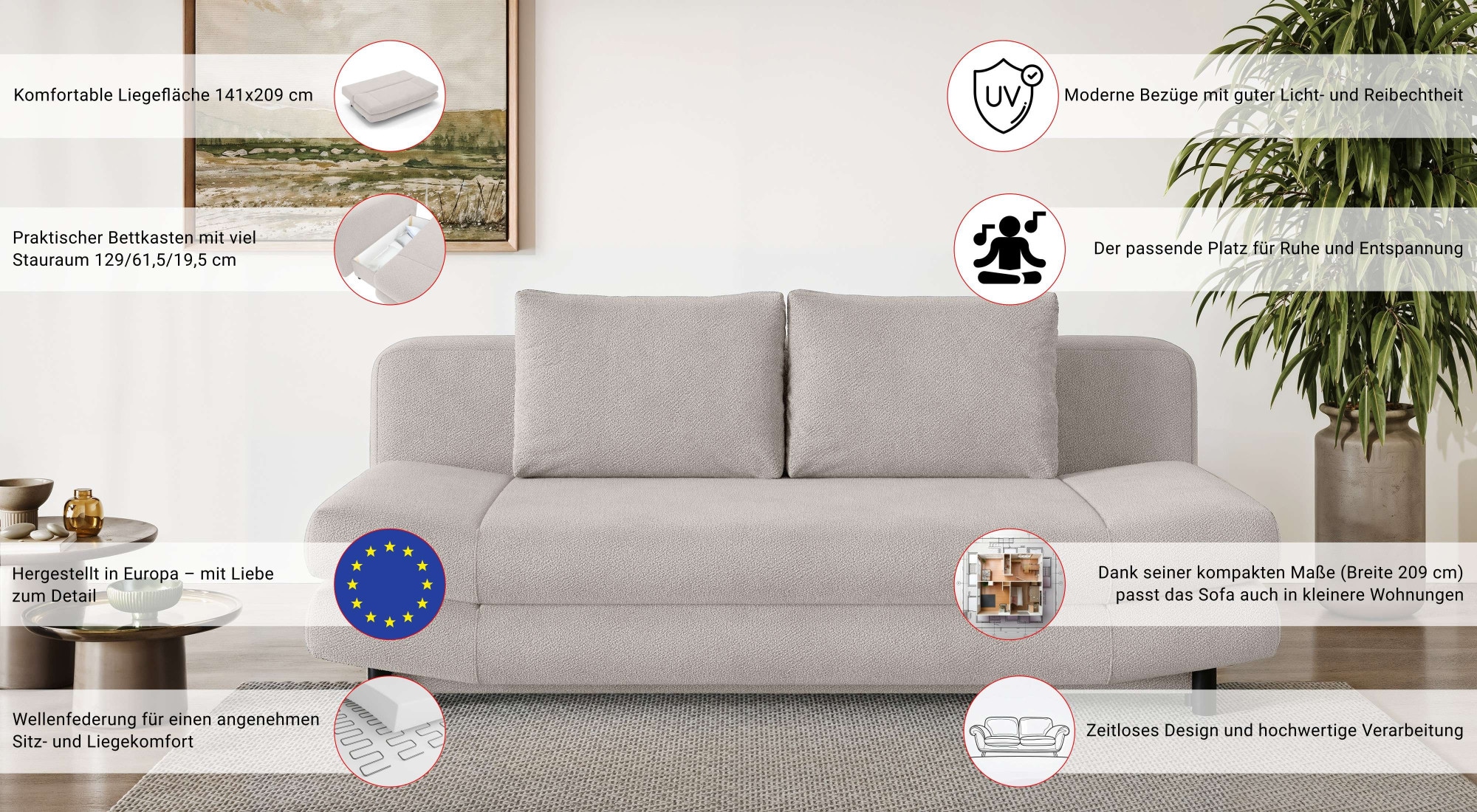 Home affaire 3-Sitzer »LENNARA Schlafsofa mit Bettkasten, Masse B/T/H: 209/96/86 cm« Sofa mit Wellenunterfederung, hoher Sitzkomfort