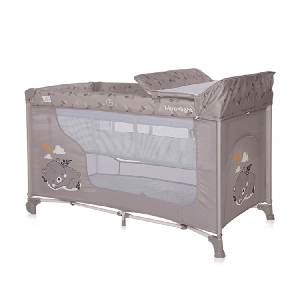 Lorelli Reisebett Moonlight zwei Ebenen, faltbar, Wickelauflage, Matratze, Räder braun