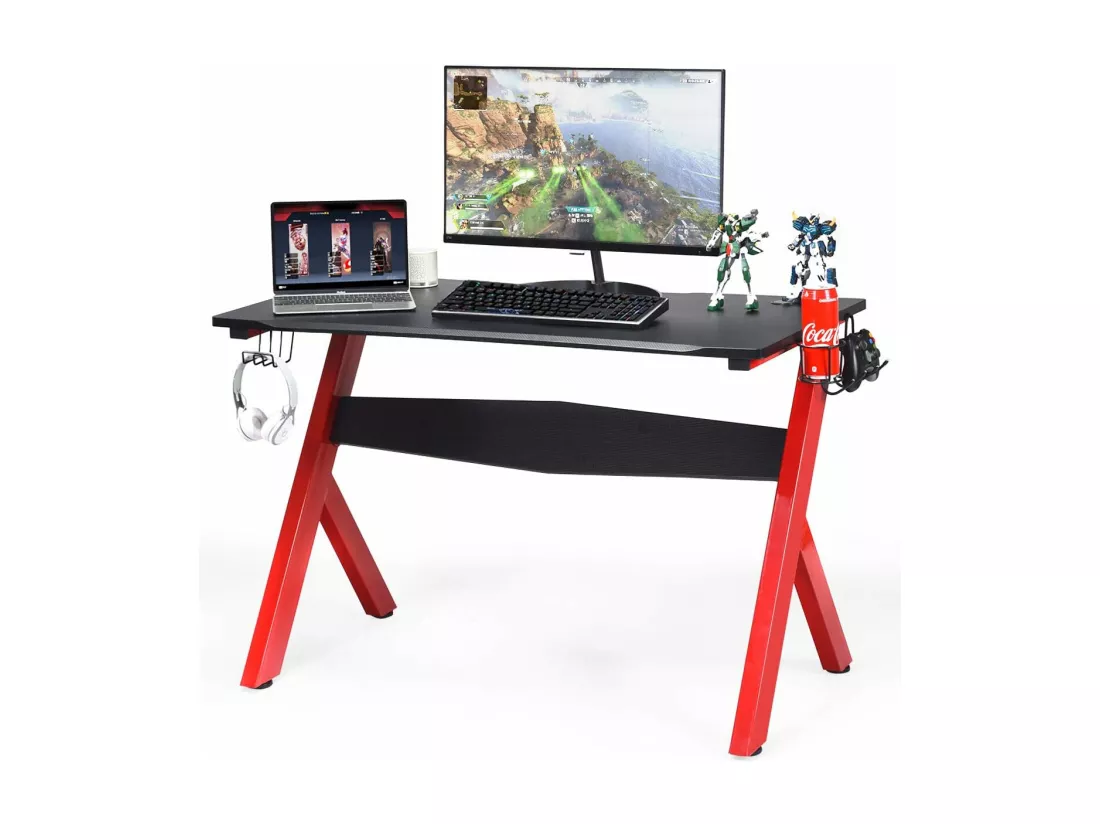Bureau Gamer 60 x 115 cm, Tapis de Souris, Support pour Ecouteurs et Support pour Tasse, Porte-Gobelet, Surface en Fibre de Carbone et Cadre en Acier, Table de Gaming pour E-Sport, Noir+Rouge