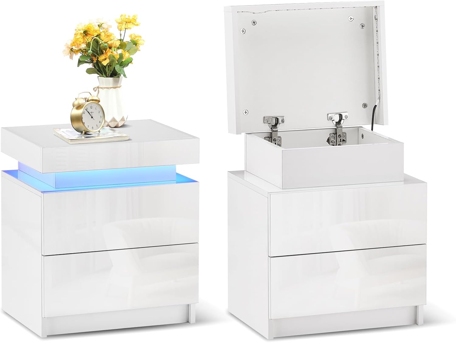 TUKAILAI 2X Nachttisch Weiß mit RGB Led Licht 2 Schubladen Nachtschrank Holz Beistelltisch Organizer Einheit Nachtkonsole Nachtkommode für Schlafzimmer Wohnzimmer