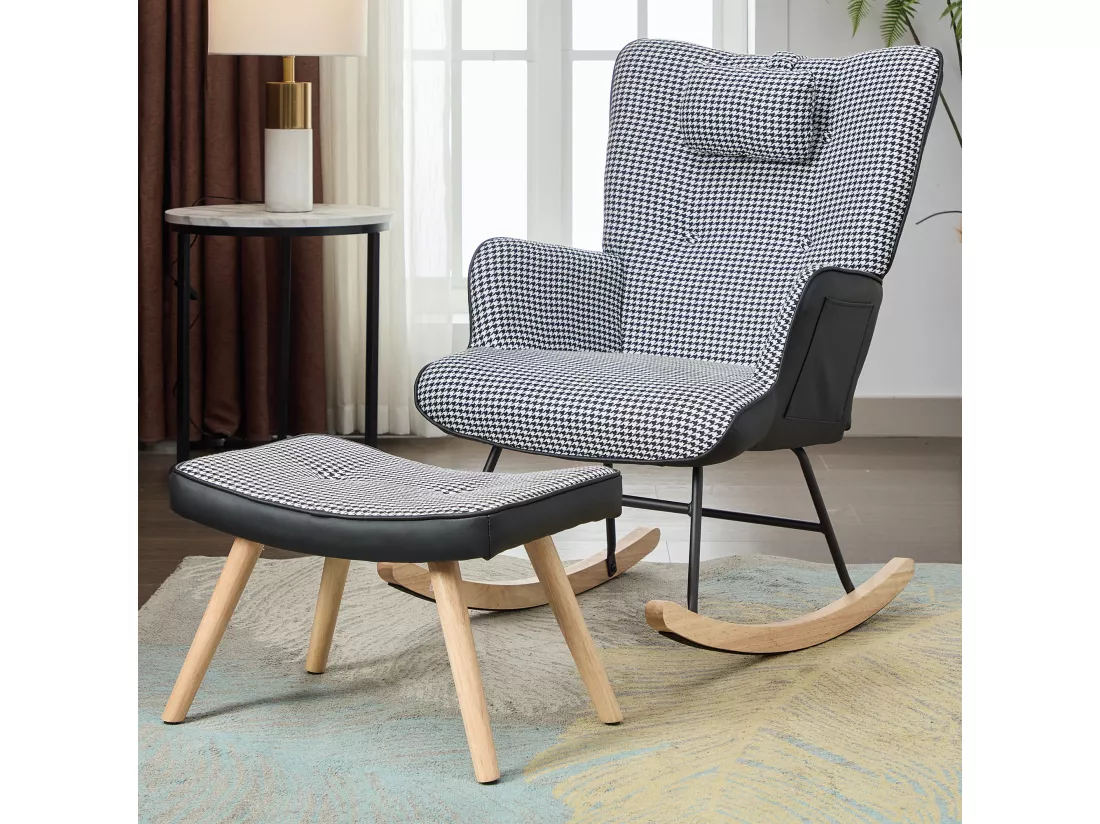 Fauteuil à bascule avec poche latérale, appui-tête et repose-pieds - 85 x 65 x 96 cm - Motif chippendale - Noir + blanc