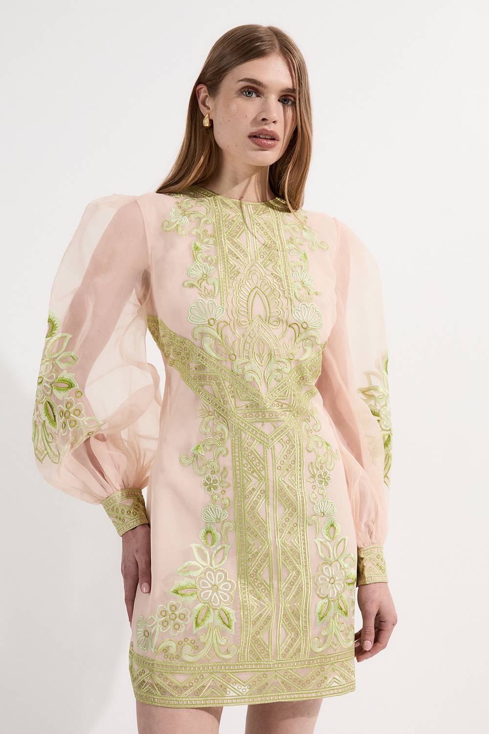 KarenMillen Robe Mini Tissée à Ballons en Organdie Brodée