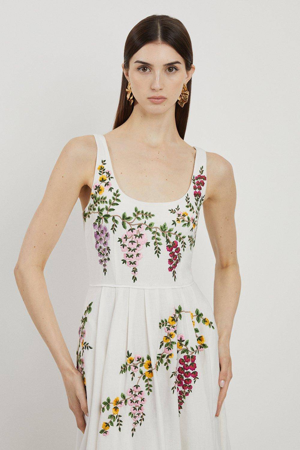 KarenMillen Robe de bal en coton et lin tissé à la broderie florale