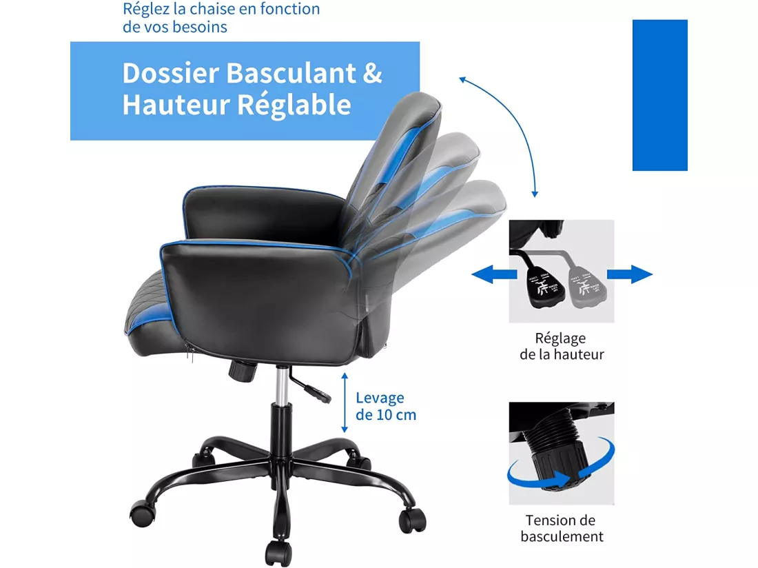Chaise Gaming Cuir PVC, Siège Gamer Ergonomique Pivotant, Fauteuil de Bureau de Bascule, Réglable en Hauteur, Base en Métal Charge 150kg