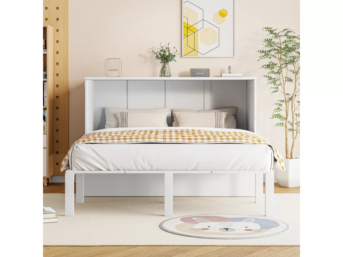 Lit escamotable 140x200 cm, avec sommier à lattes, lit pliant mural, dimension après pliage : 70x140cm, sans matelas, bois, blanc