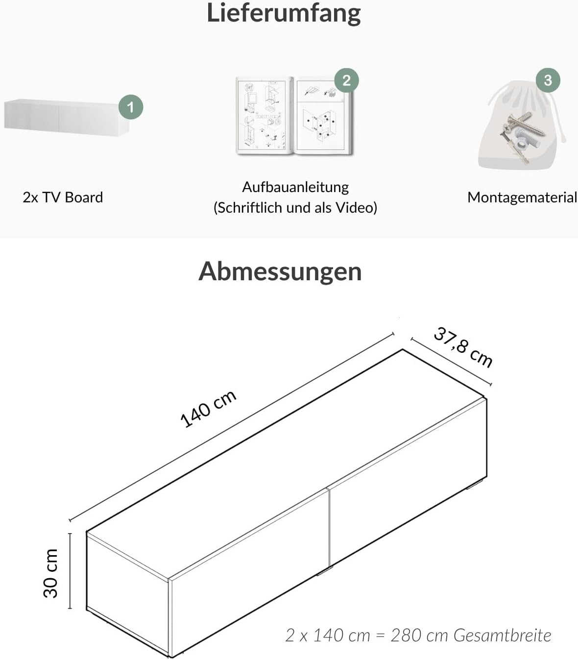 Planetmöbel West TV-Schrank, Fernsehtisch 280 cm lang, TV-Board hängend oder stehend, Fernsehschrank für Wohnzimmer, 2X TV Möbel 37,8 x 140 x 30 cm, weiß