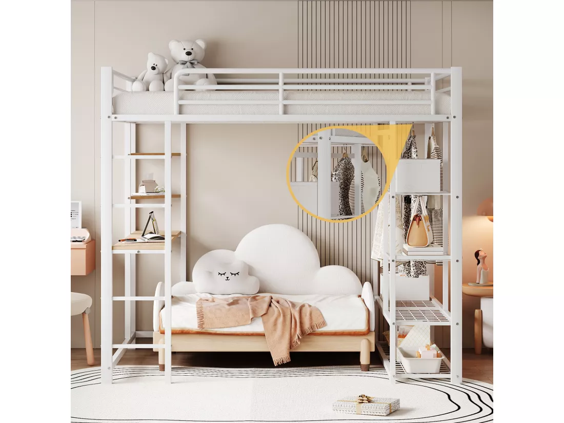 Lit mezzanine lit en fer/ lit en métal 90*200cm lit simple enfant avec compartiment de rangement table et sommier à lattes, blanc