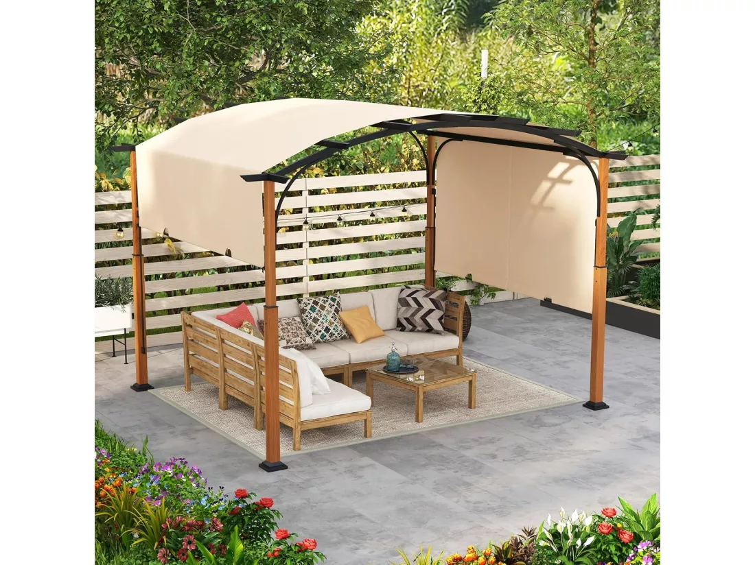 Pergola Rétractable d'Extérieur 300 x 360 CM, Pergola Métallique à Arcs pour Patio avec Auvent Rétractable Poteaux Aspect Bois, Tonnelle Treillis pour Jardin Patio Porche Cou (Beige)