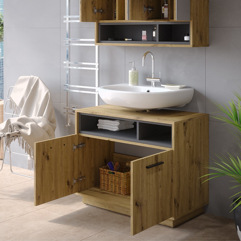 Vicco Waschtischunterschrank Waschbeckenunterschrank Beatrice Eiche Anthrazit modern 80x64 cm Badkommode Badschrank Badezimmer Schrank Badmöbel Schranktür Schrankfach