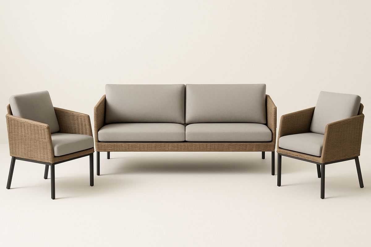 Gartenmöbel-Set Rattan 3-Sitzer Sofa und 2 Sessel Metall Polyesterkissen Grau