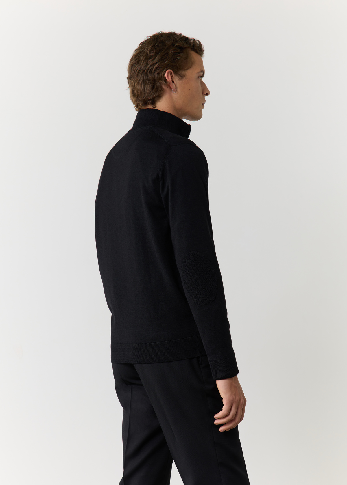 Pull col montant zippé en laine Mérinos mélangée unie noire