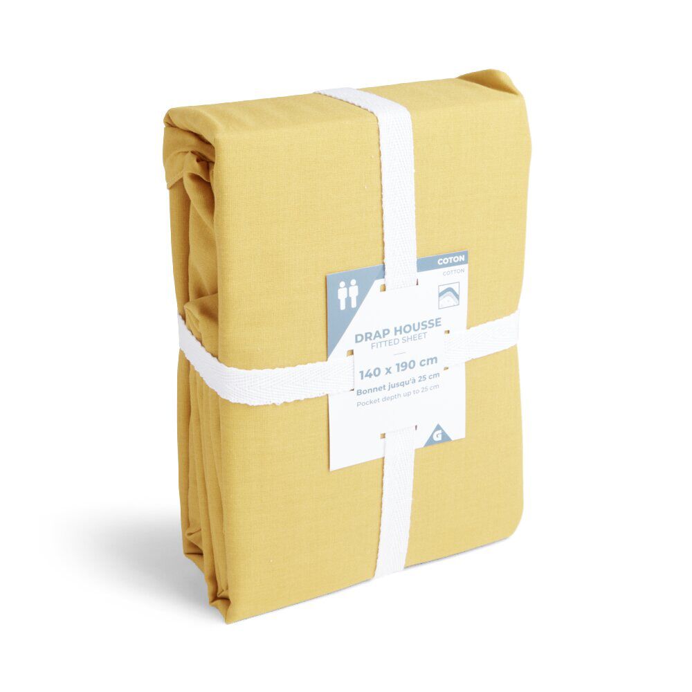 Drap housse 140x190cm 100% coton jaune moutarde