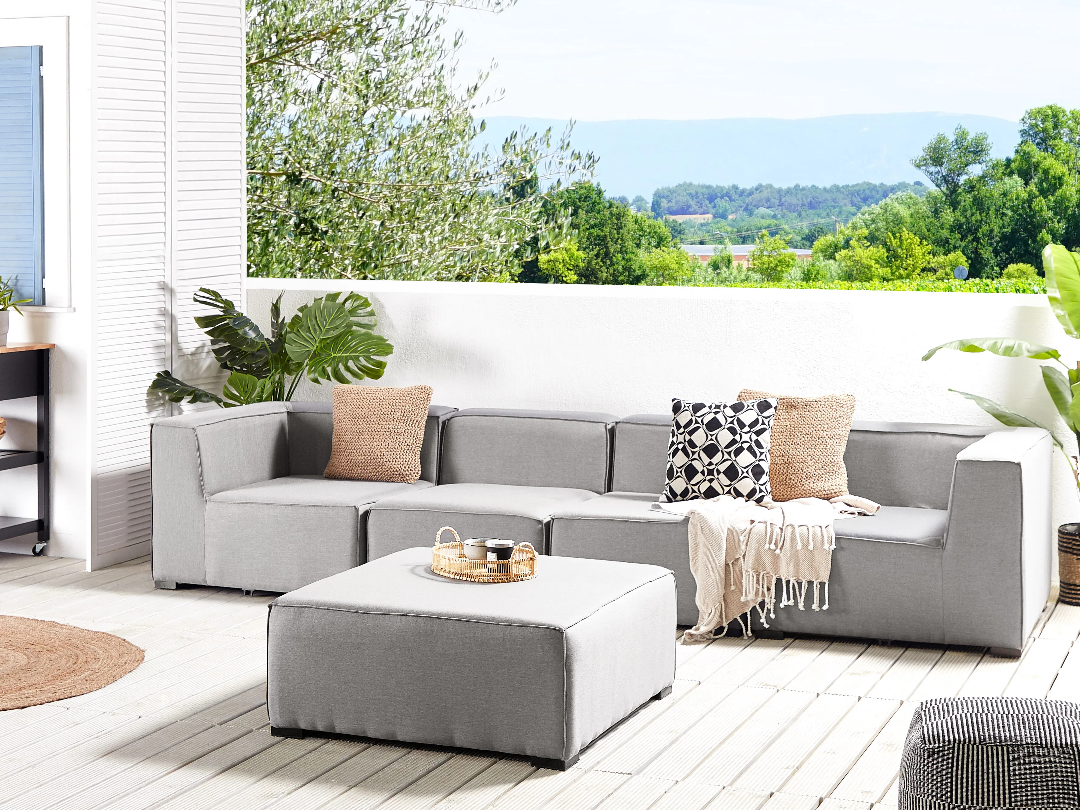 Tuin loungebank met ottomaan 4-zits AREZZO modulair Lichtgrijs