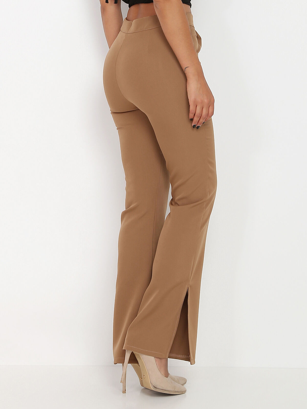 Pantalon flare à fentes- Camel foncé