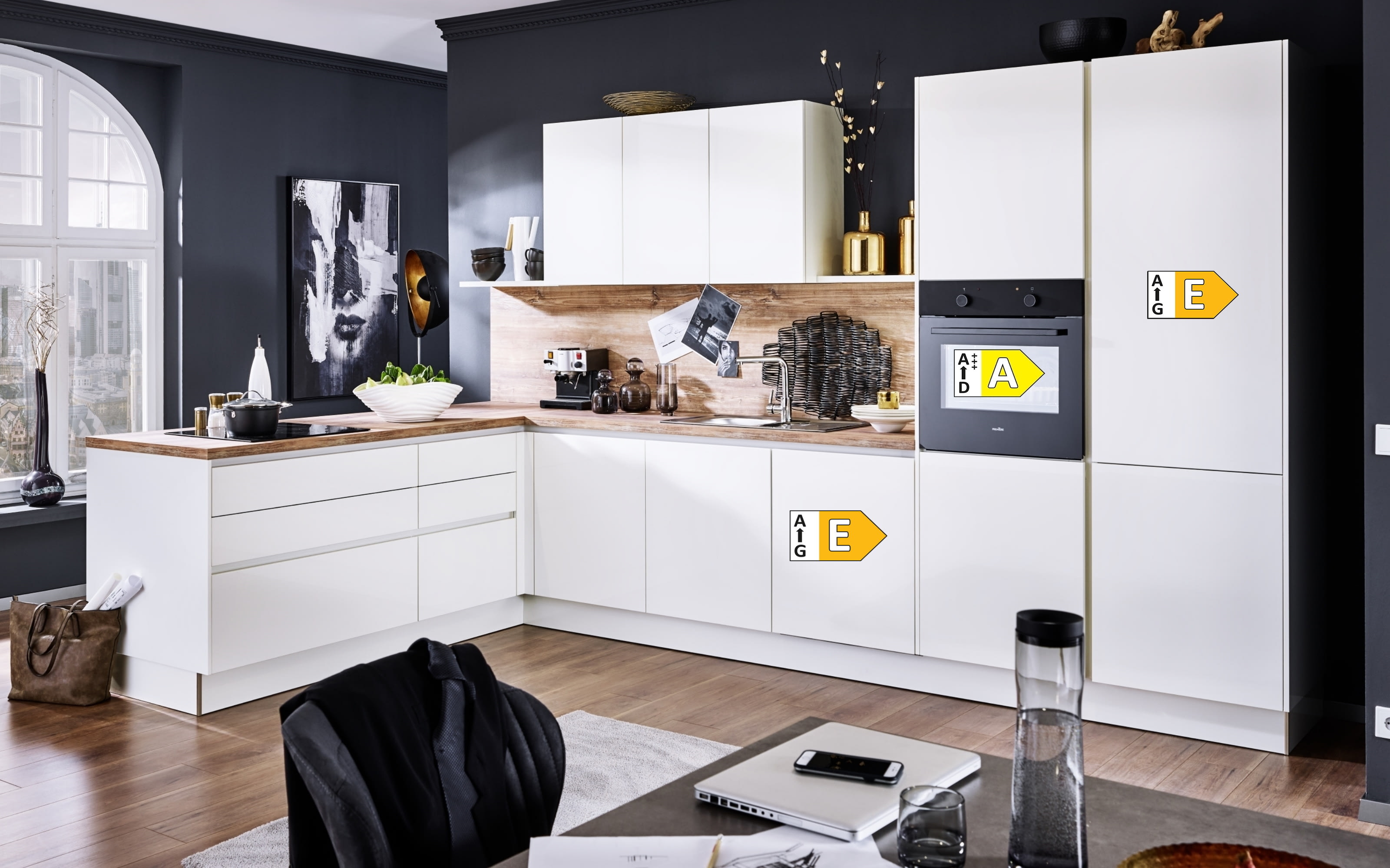 Einbauküche Perfect Brillant, weiß, inkl. AEG Elektrogeräten