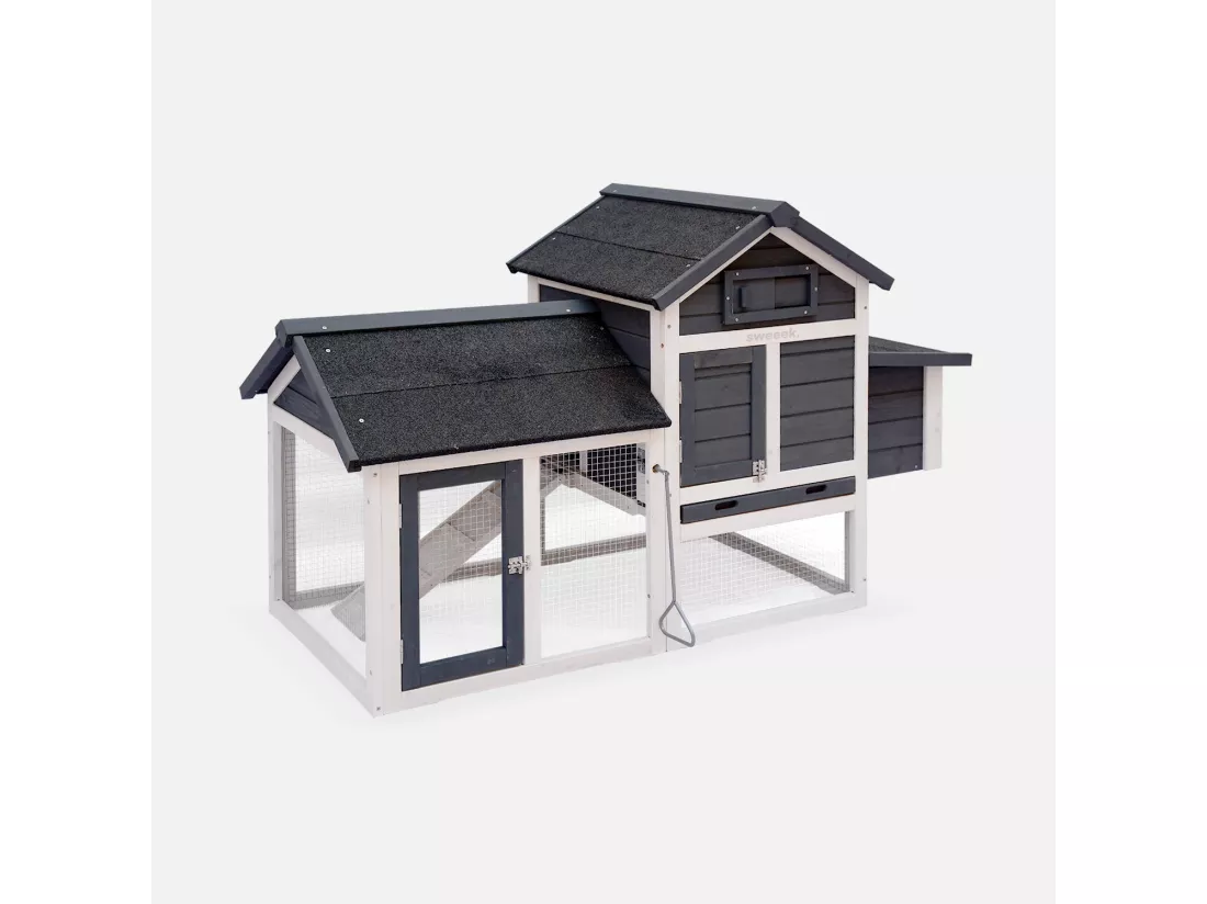 Poulailler en bois anthracite GALINETTE. 3 poules. cage à poule avec enclos