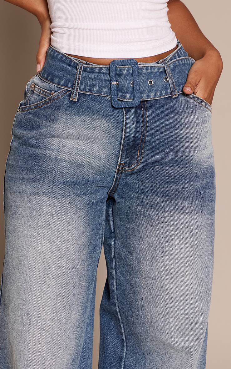 Mid Blue Wash Jean Large Taille Haute Ceinturé Bleu Moyen Petite