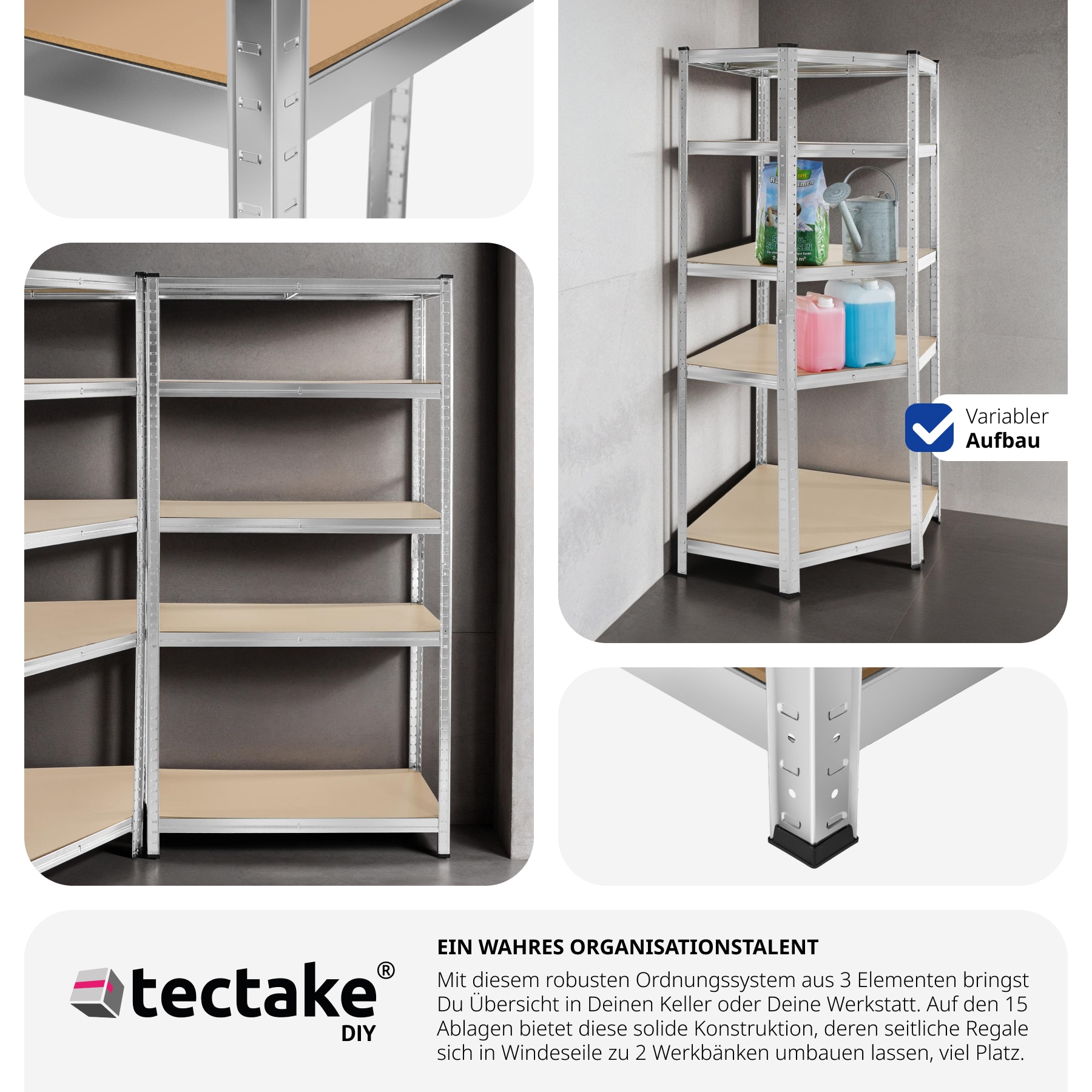 tectake® Schwerlastregalsystem, 3-teilig, 2 in 1 Verwendung als Werkbänke, 15 belastbare, höhenverstellbare MDF-Böden, Gesamtbelastbarkeit 2625 kg, variable Montage im Stecksystem