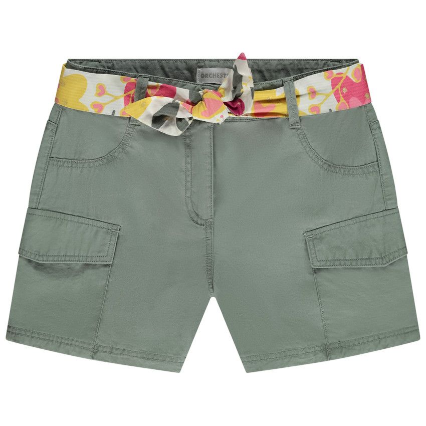 Short avec ceinture à nouer fantaisie + poches plaquées pour fille - Gris chiné