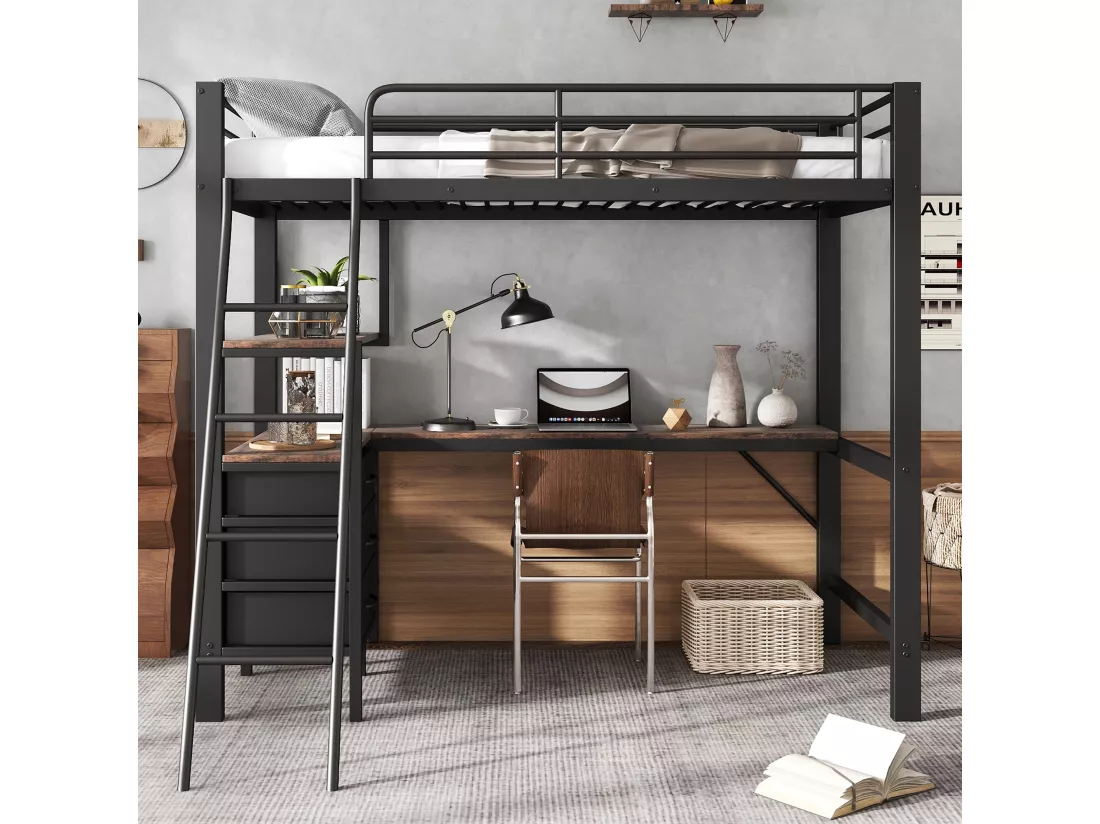 Lit mezzanine 90x200cm - avec 3 tiroirs - avec table de 2m de long - échelle inclinée quatre marches - fer + panneaux de particules - noir (sans matelas)